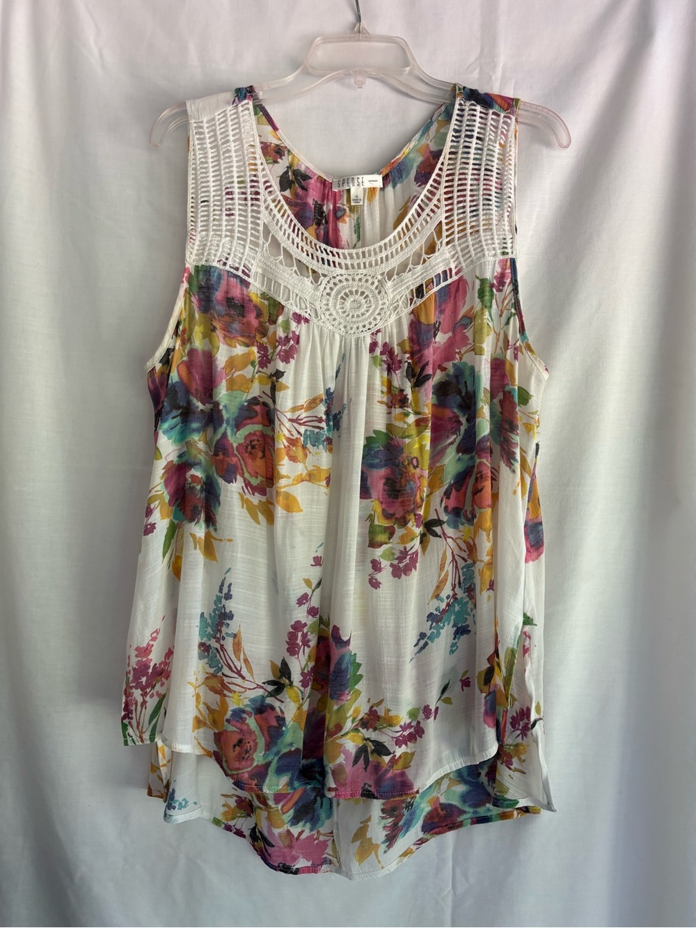 Spense White Floral Crochet Yoke Tank Top